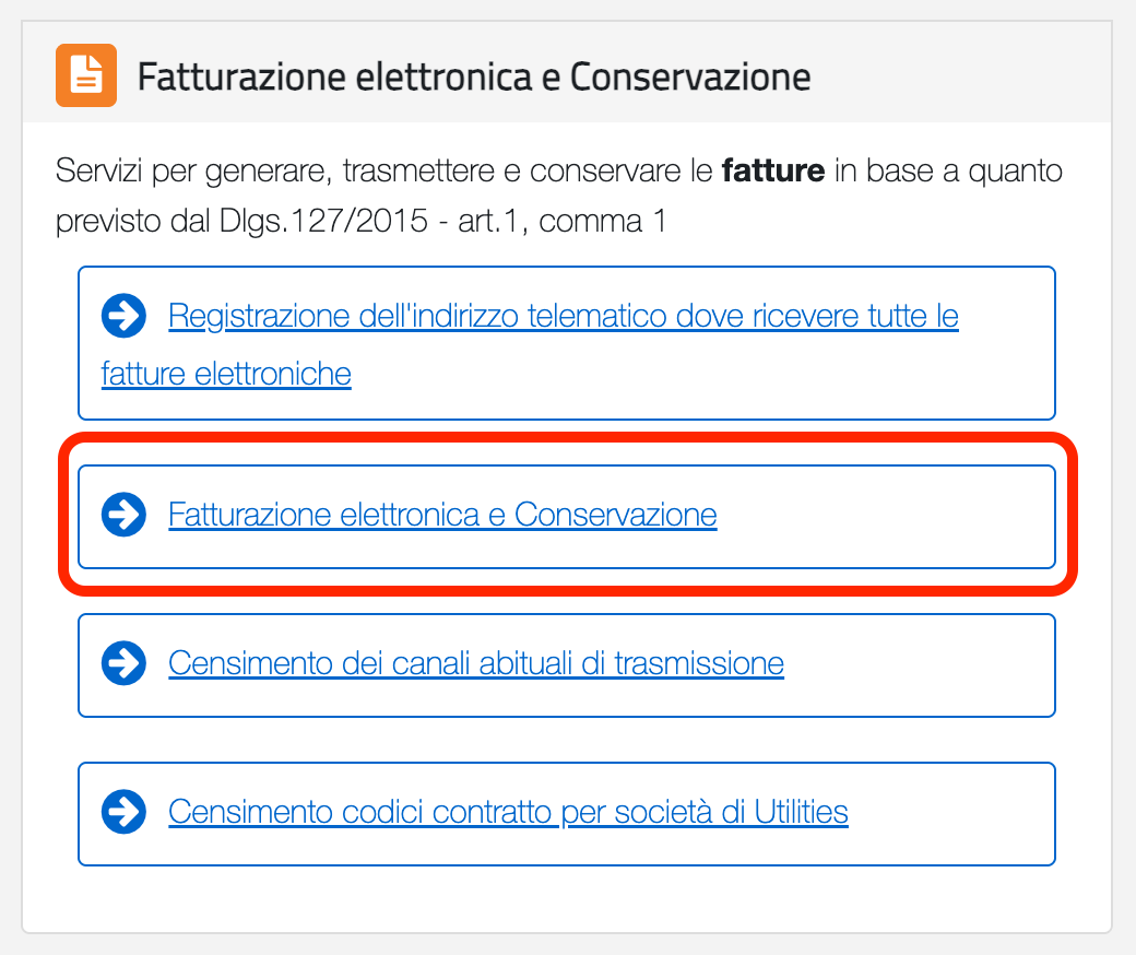 Portale Fatture e Corrispettivi - Accesso alla sezione Fatturazione elettronica e Conservazione