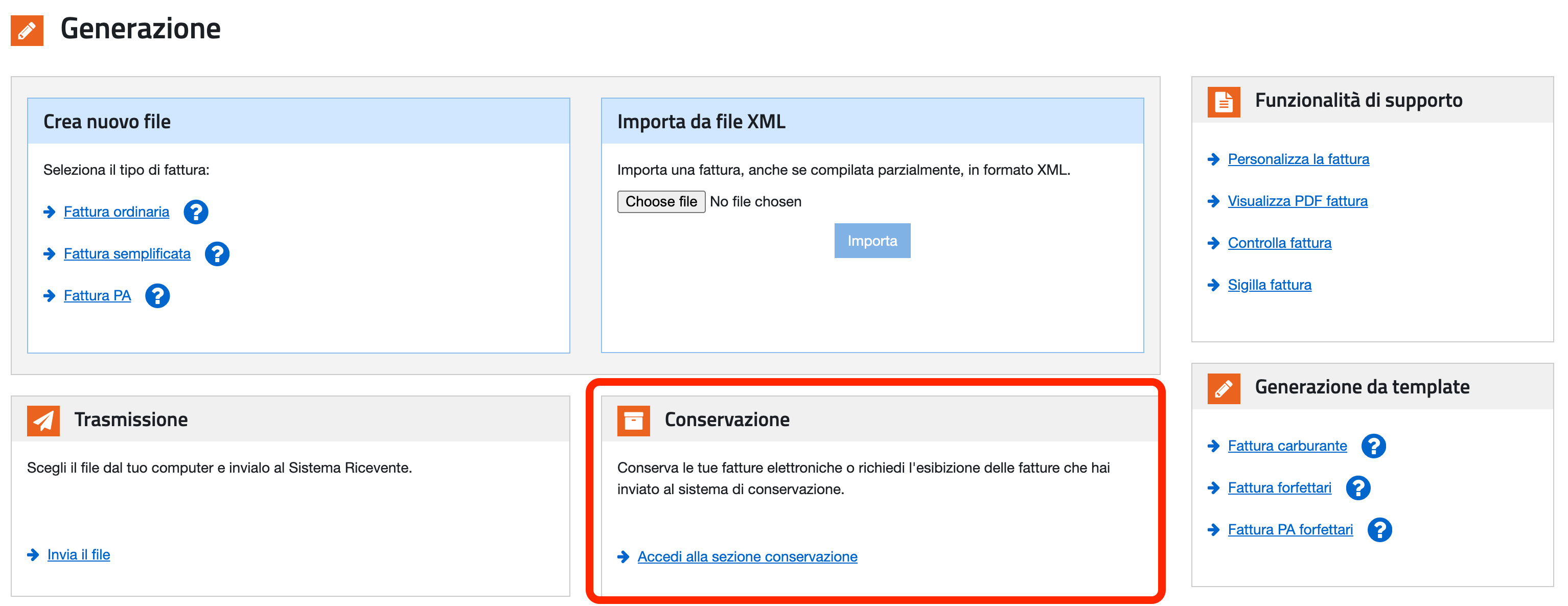Sezione Conservazione nel portale Fatture e Corrispettivi